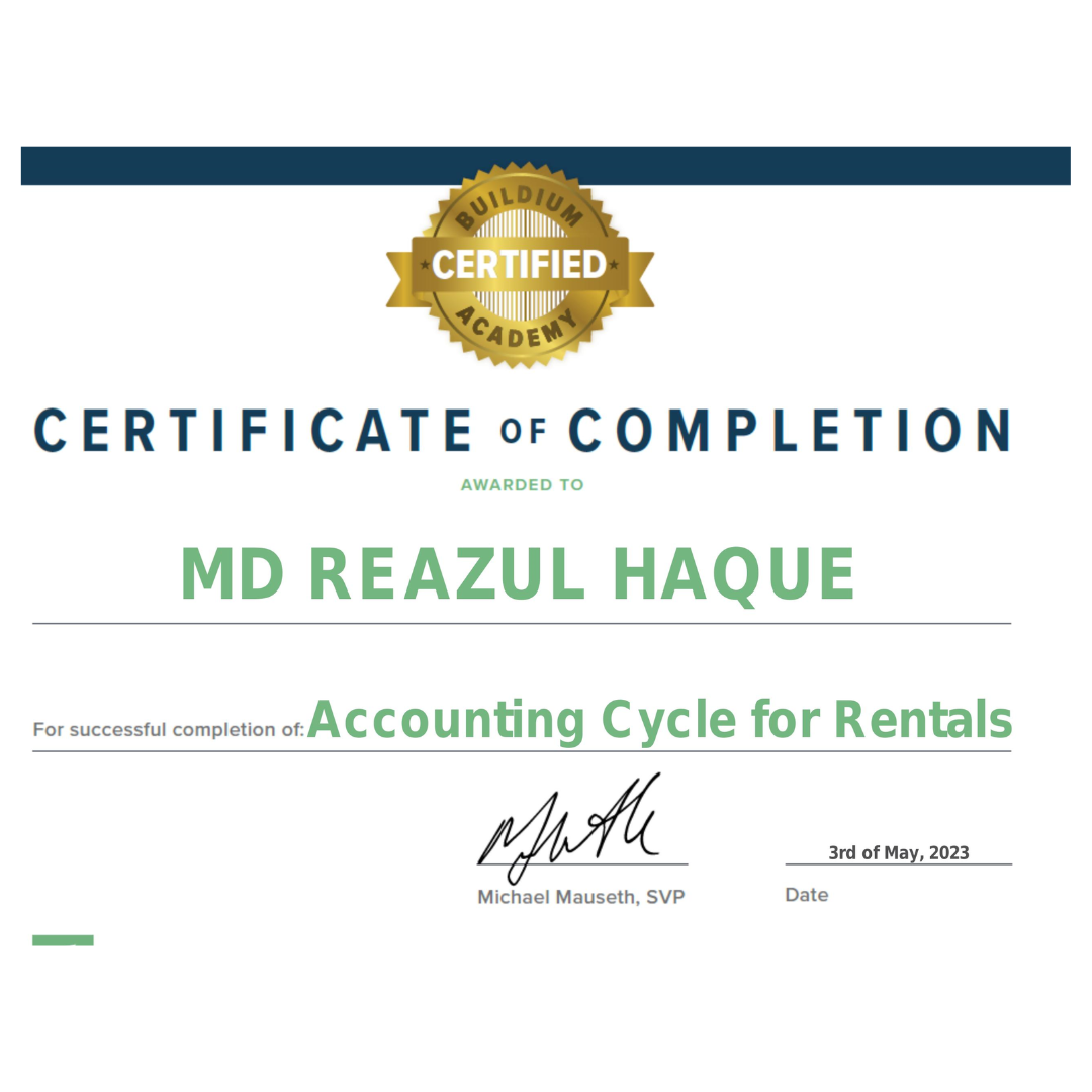 Certificate of Completion - Accounting Cycle for Rentals